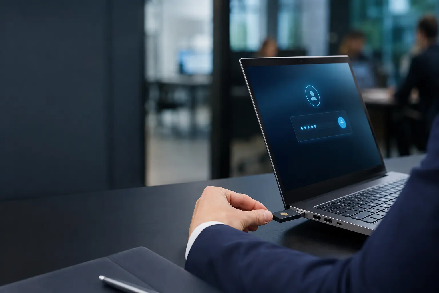 Professionnel utilisant une clé de sécurité FIDO2 avec son ordinateur portable