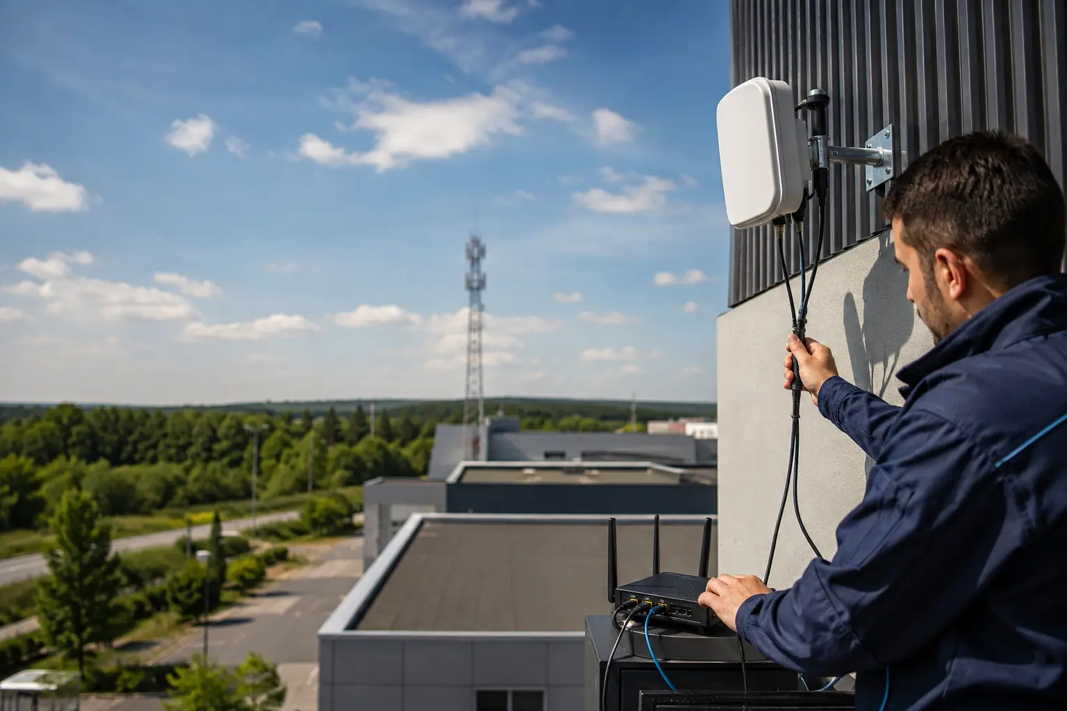Technicien installant une antenne LTE 4G/5G et un routeur professionnel sur un bâtiment