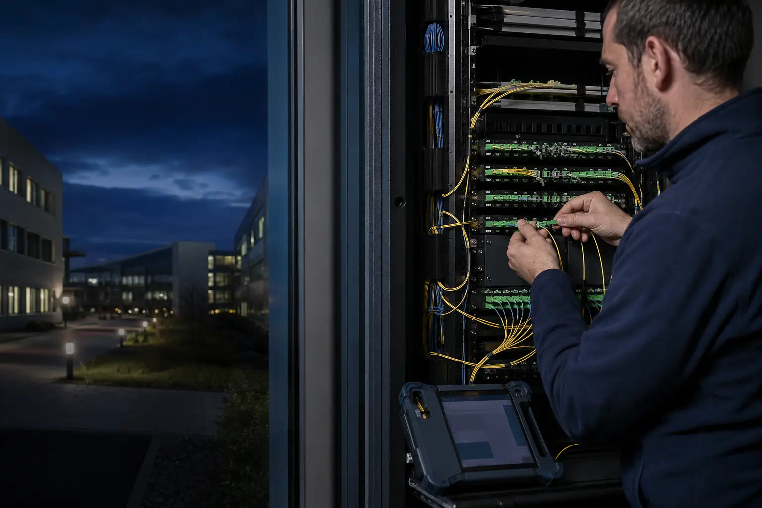 Technicien raccordant une fibre optique noire pour interconnecter plusieurs bâtiments