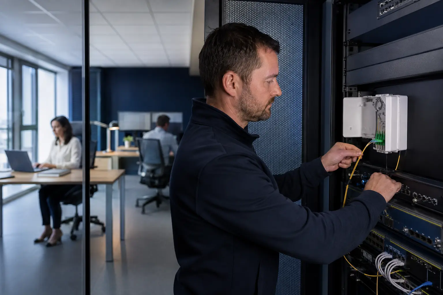 Technicien raccordant une fibre FTTH Pro dans les locaux d’une entreprise