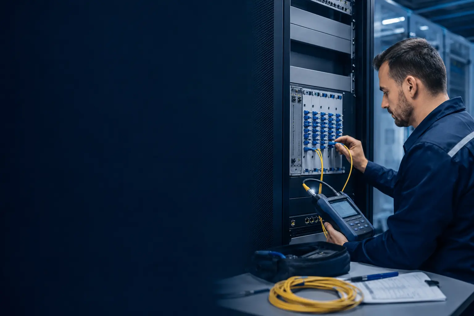 Technicien mesurant et mettant en service une fibre FTTO dédiée
