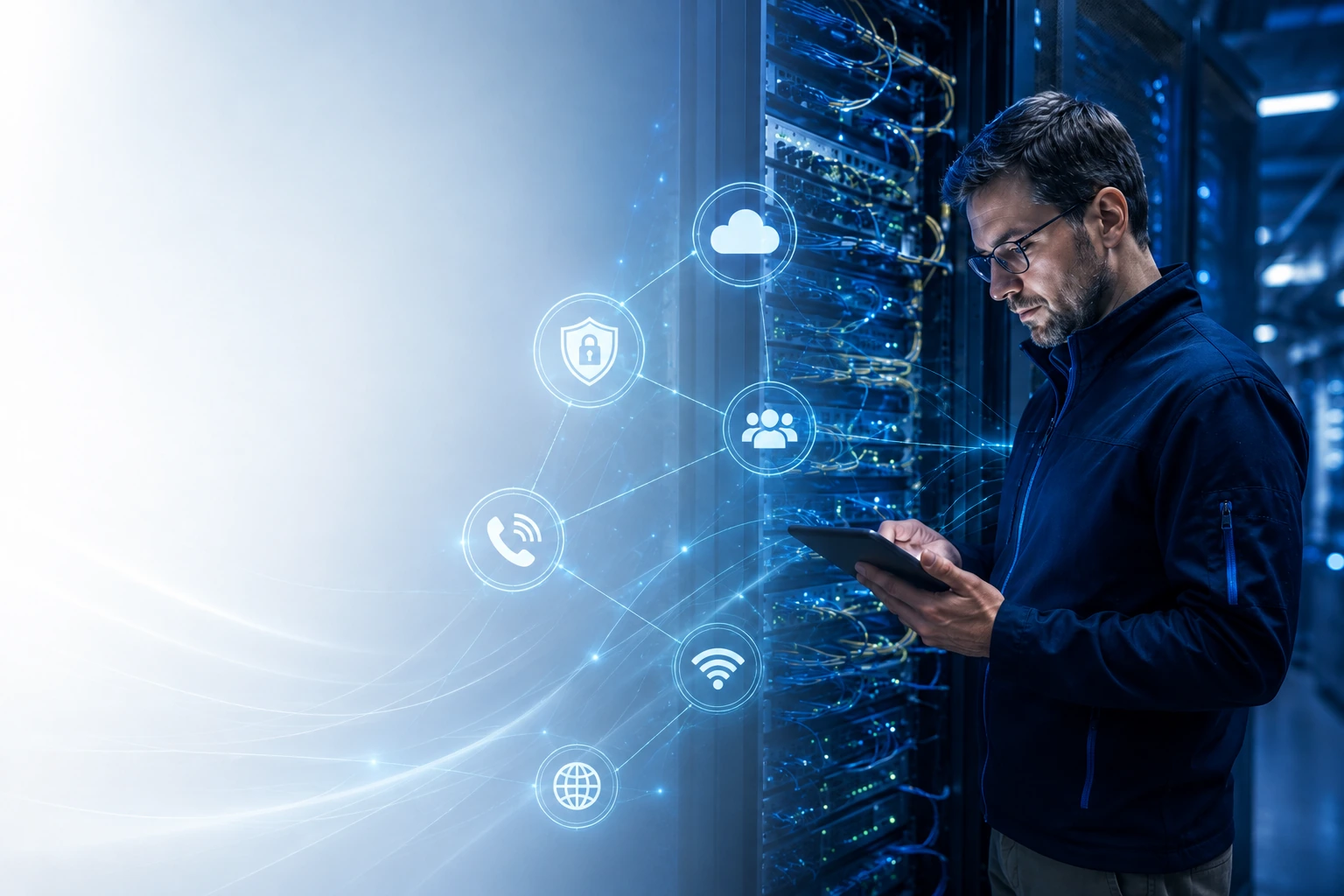 Technicien supervisant les services OLLINK : cloud, sécurité, collaboration, téléphonie, Wi-Fi et connectivité