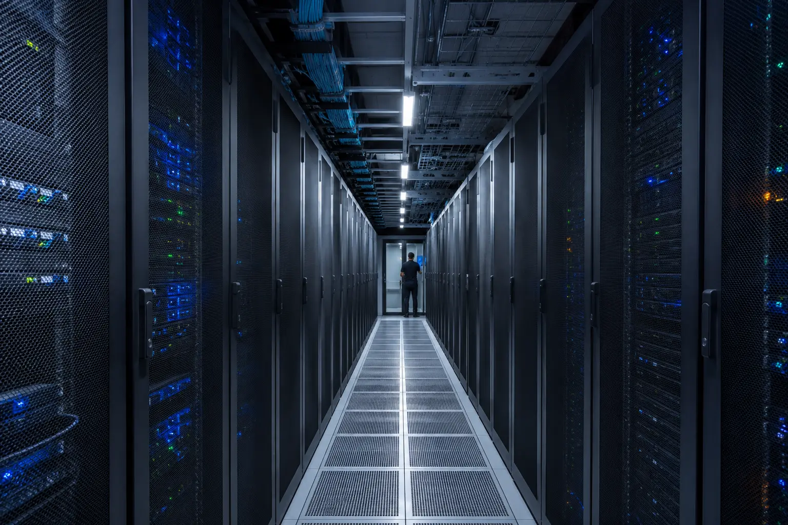 Allée sécurisée de baies informatiques dans un datacenter professionnel