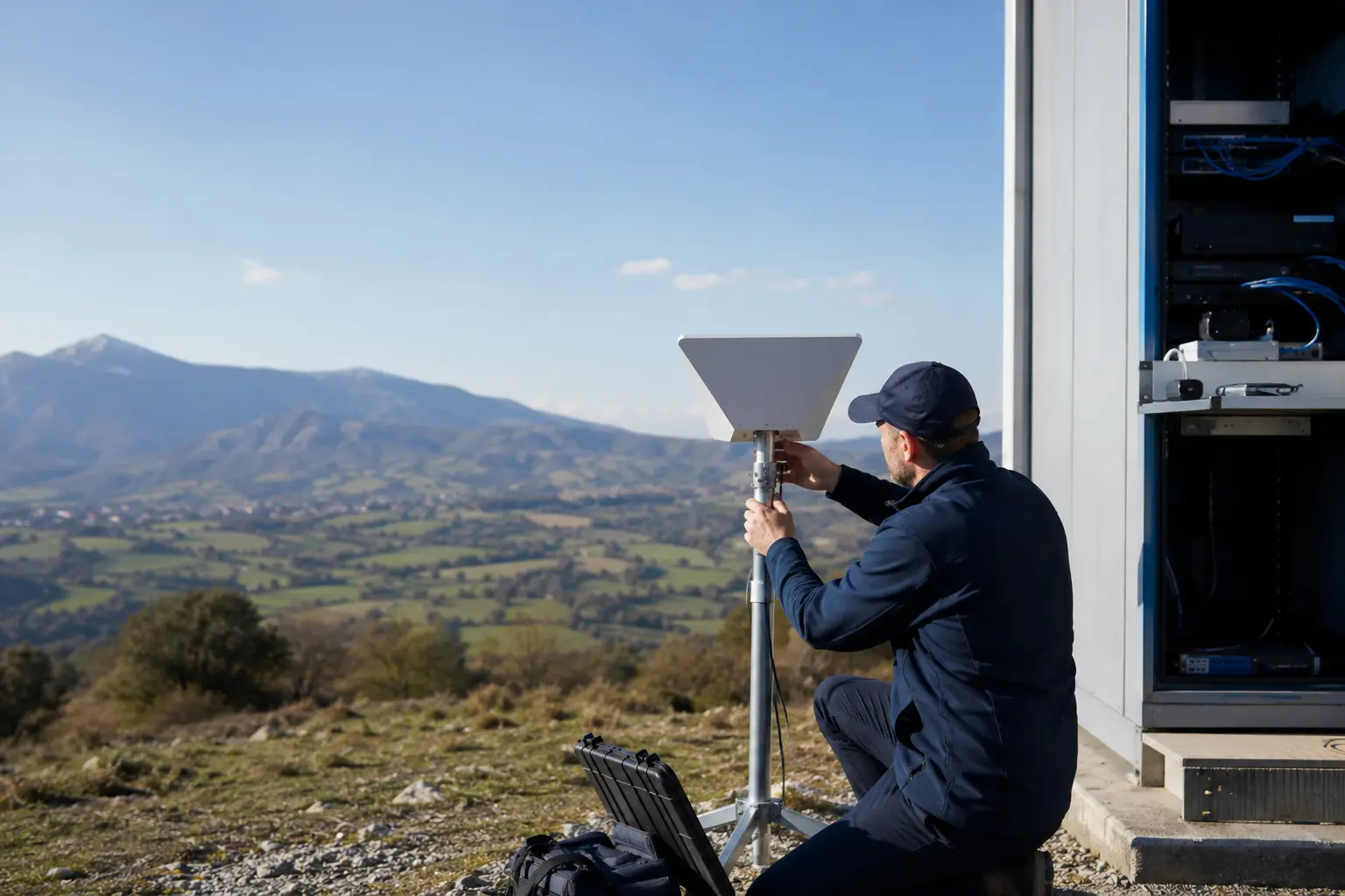 Technicien installant un terminal Internet satellite sur un site professionnel isolé