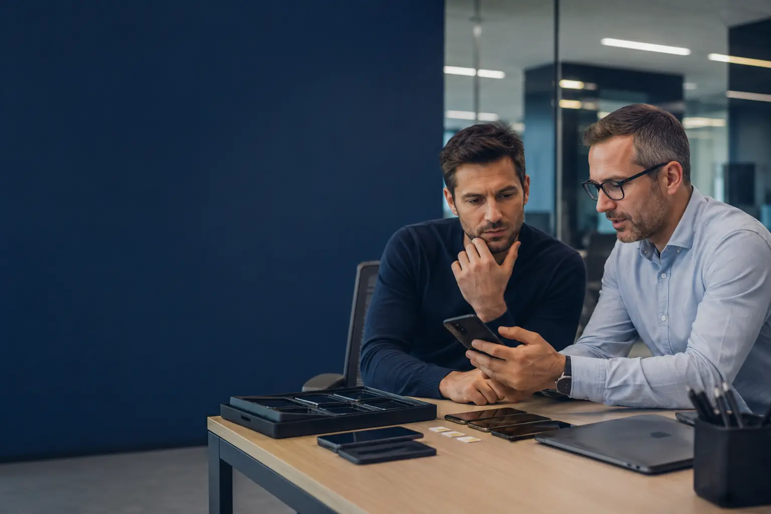 Responsables vérifiant les smartphones, cartes SIM et affectations d’une flotte mobile professionnelle
