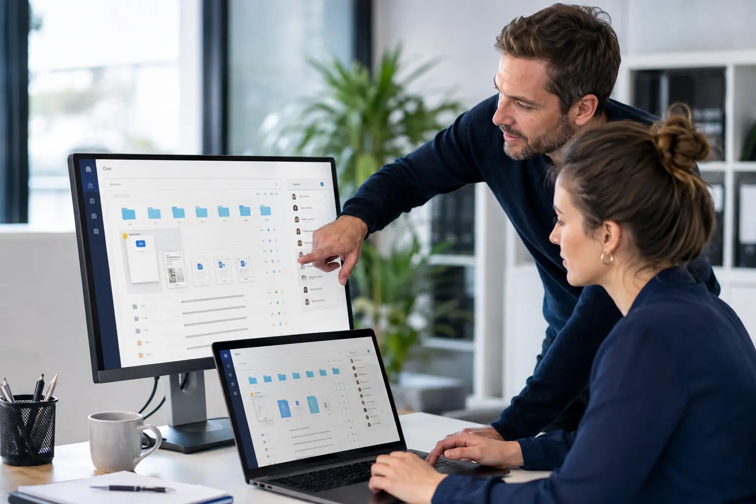 Équipe consultant des documents synchronisés sur un espace de fichiers partagé