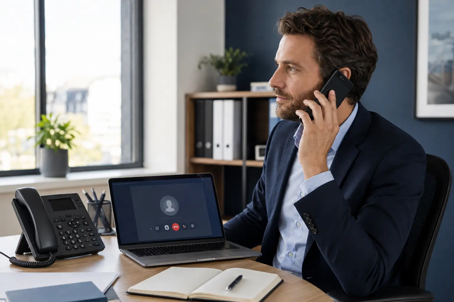 Professionnel utilisant un téléphone IP et des applications de téléphonie sur ordinateur et smartphone