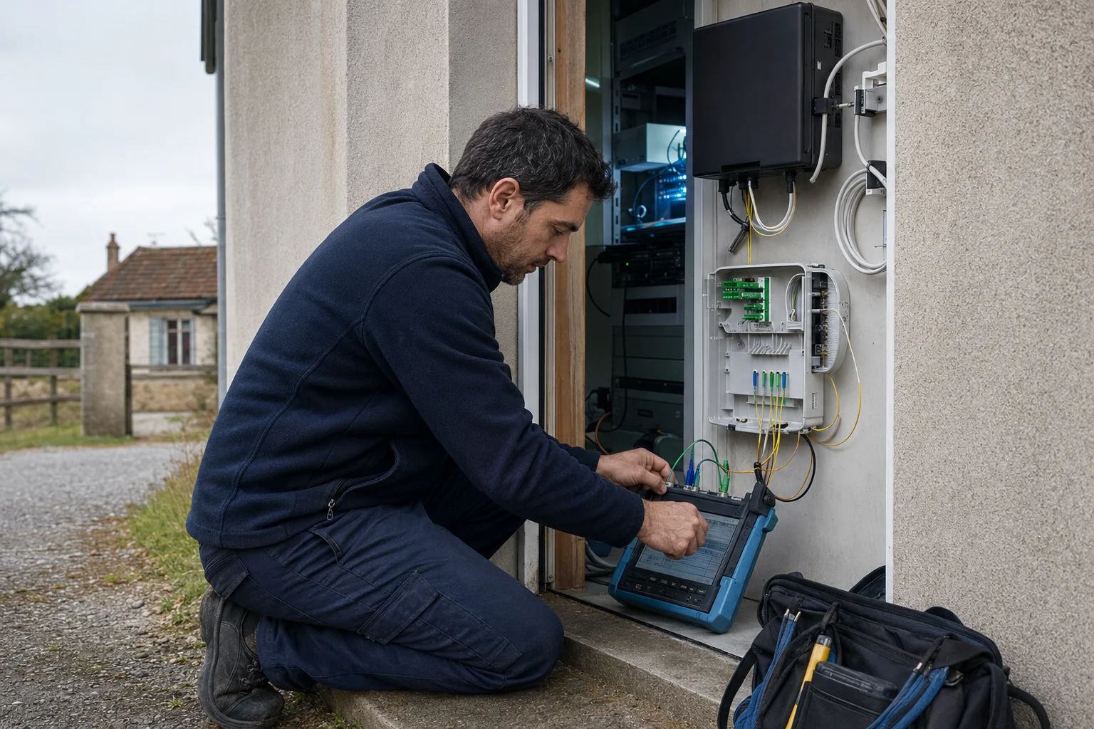 Technicien contrôlant une liaison fibre sur un site professionnel