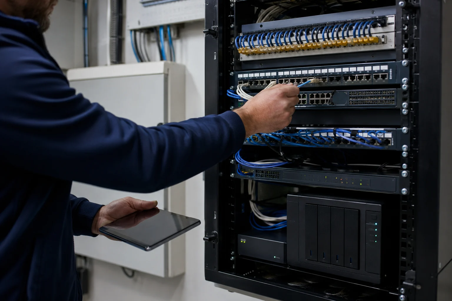 Technicien intervenant sur une infrastructure réseau et serveurs professionnelle