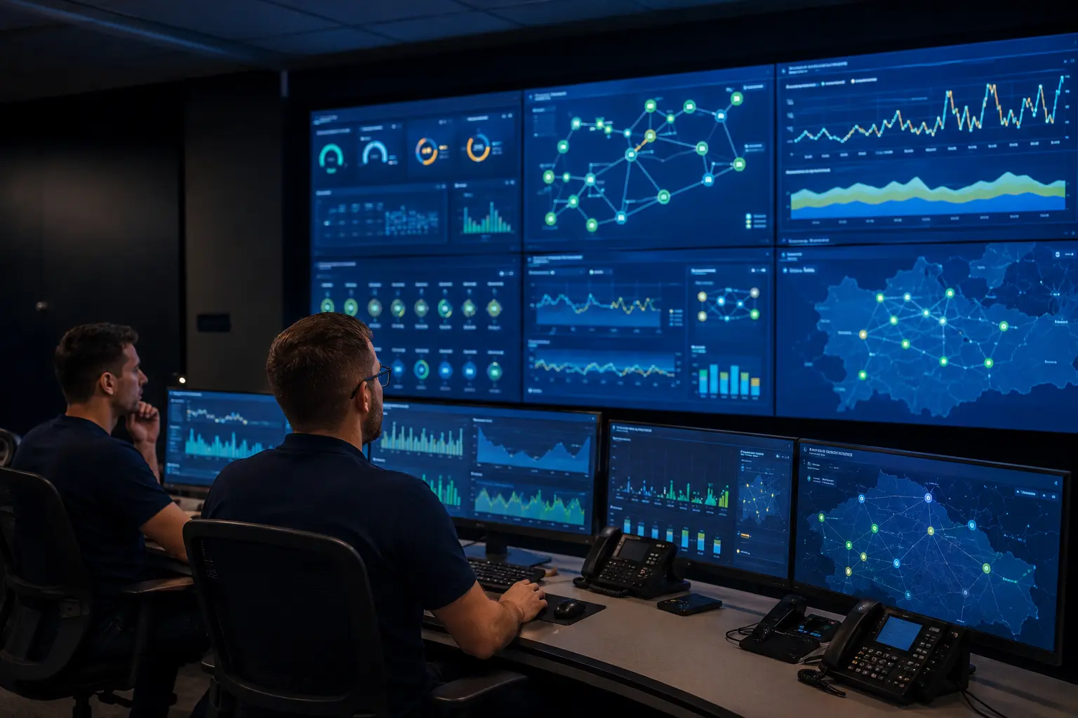 Équipe technique supervisant en temps réel des réseaux et infrastructures informatiques