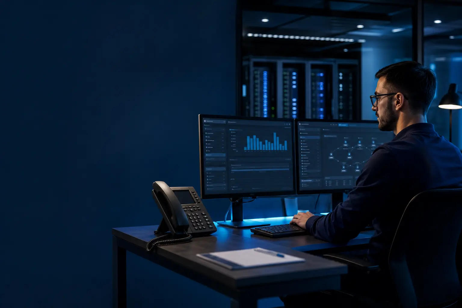Technicien administrant une plateforme Centrex et des lignes VoIP professionnelles