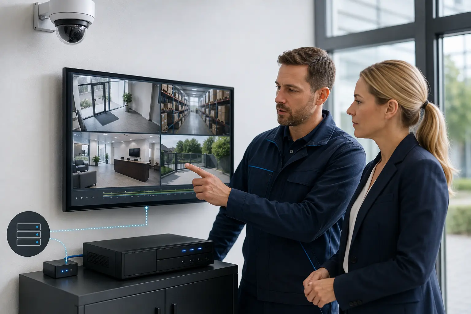 Système professionnel de vidéosurveillance avec caméras et écran de contrôle