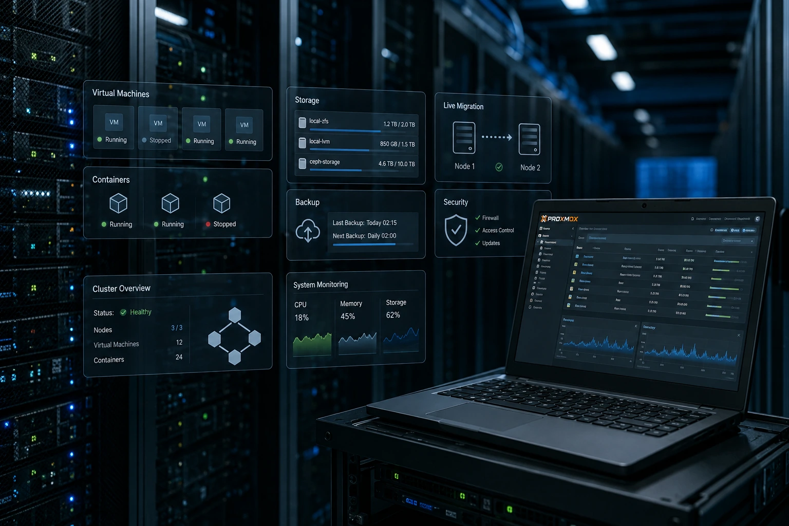 Environnement de virtualisation avec machines virtuelles, stockage, sauvegarde et supervision